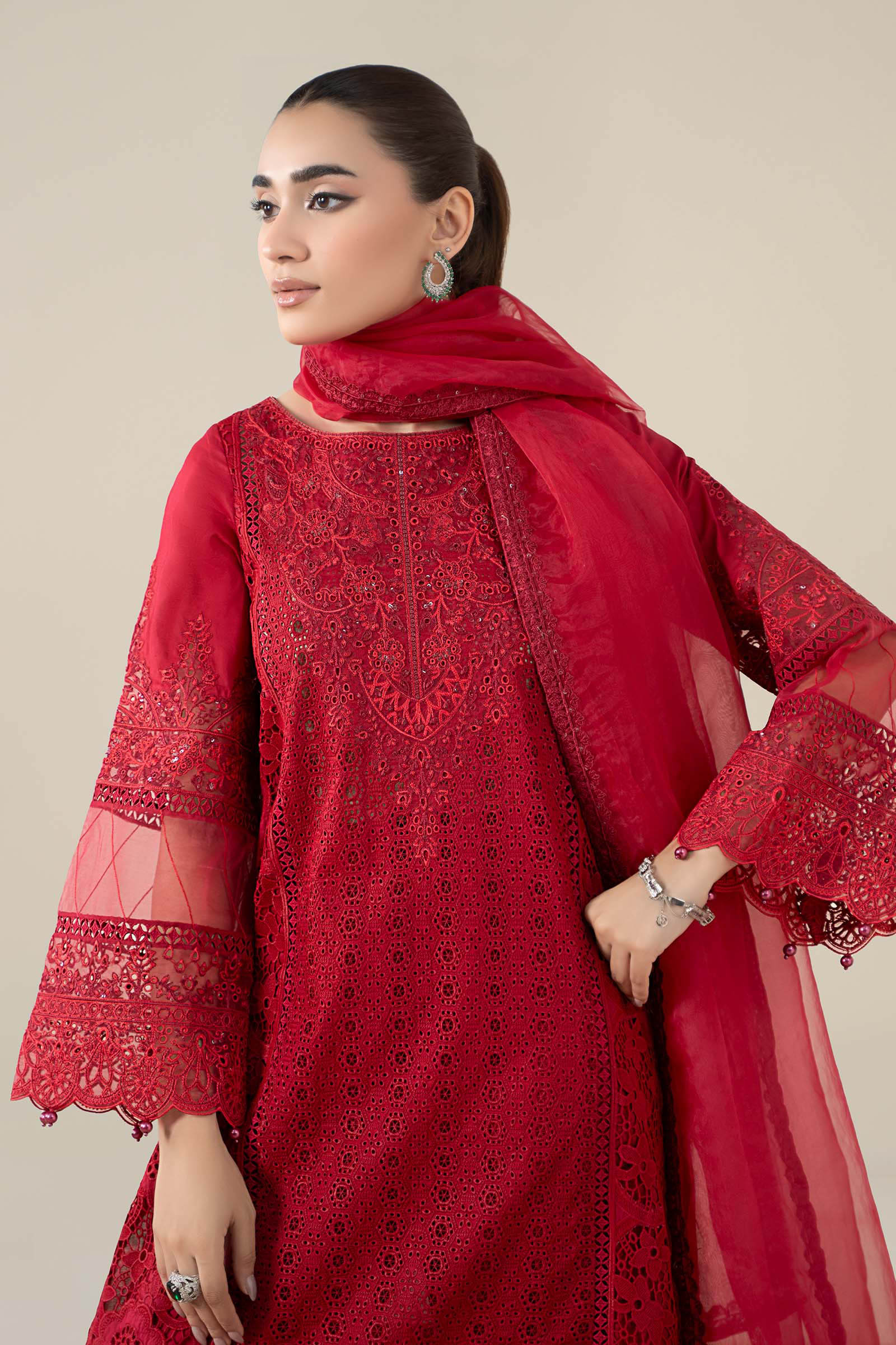 Red Schiffli Embroidered Lawn 3-Piece Suit - Image 2