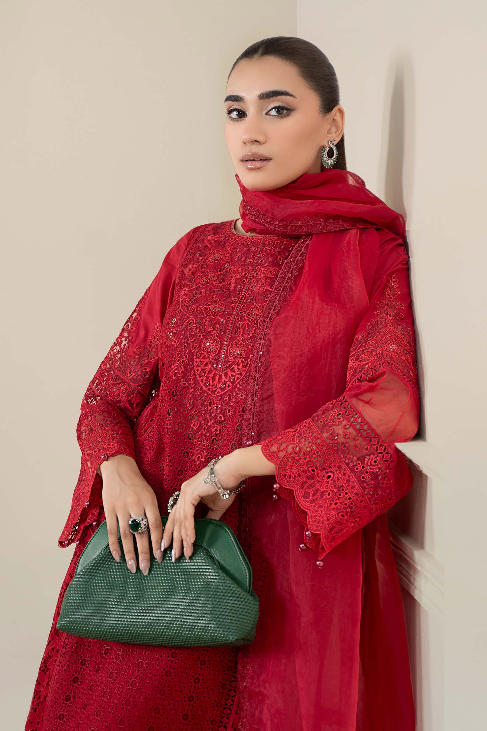 Red Schiffli Embroidered Lawn 3-Piece Suit - Image 3