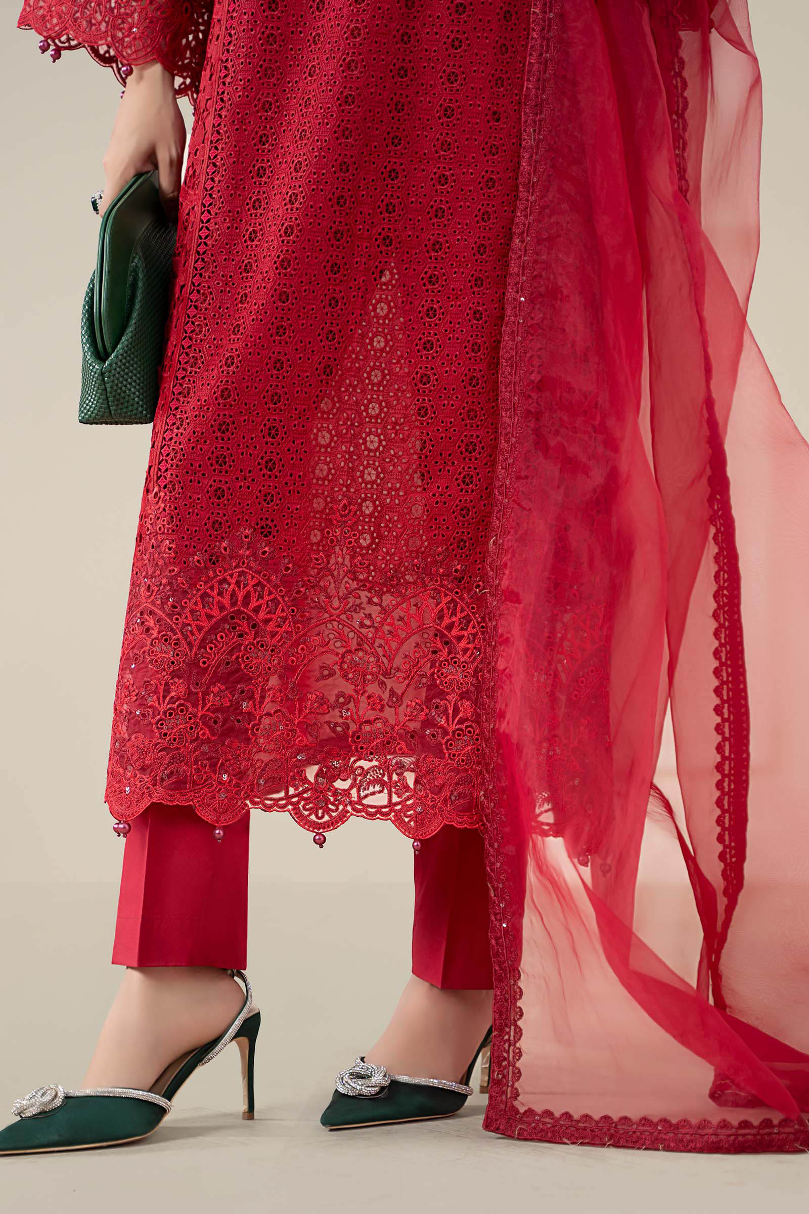 Red Schiffli Embroidered Lawn 3-Piece Suit - Image 5