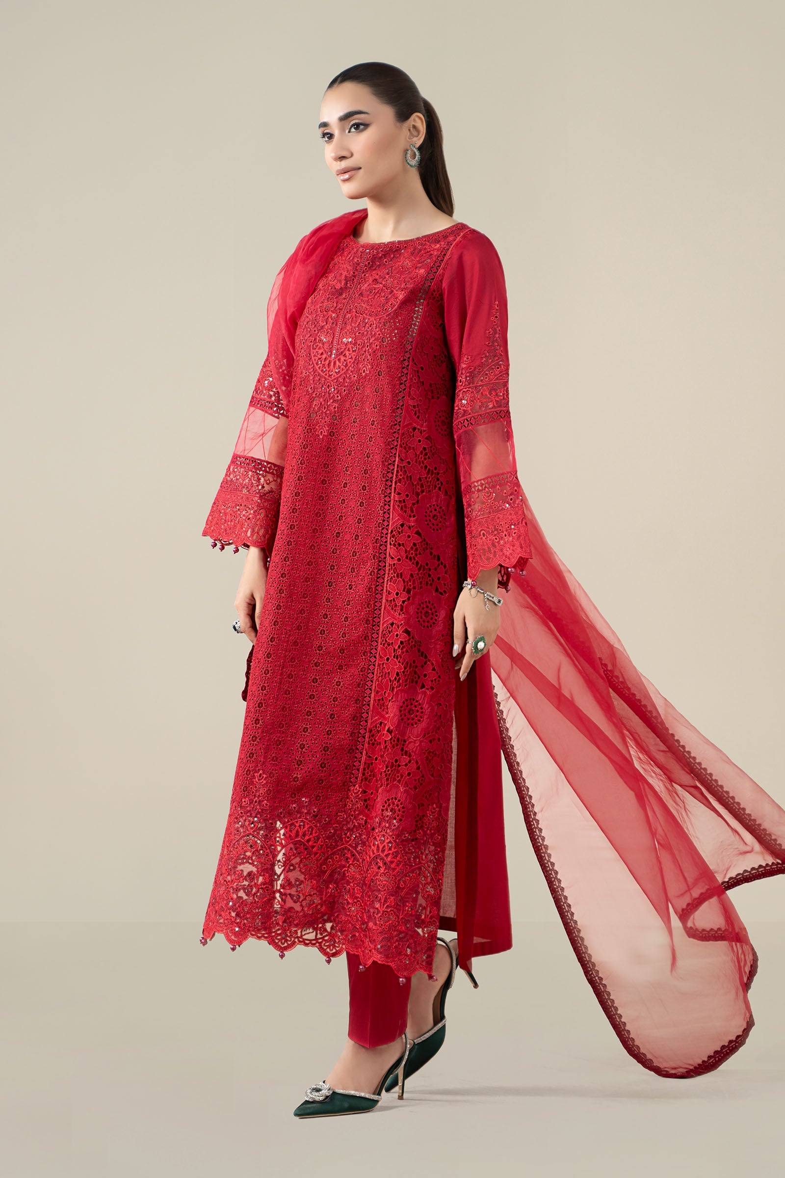 Red Schiffli Embroidered Lawn 3-Piece Suit - Image 6