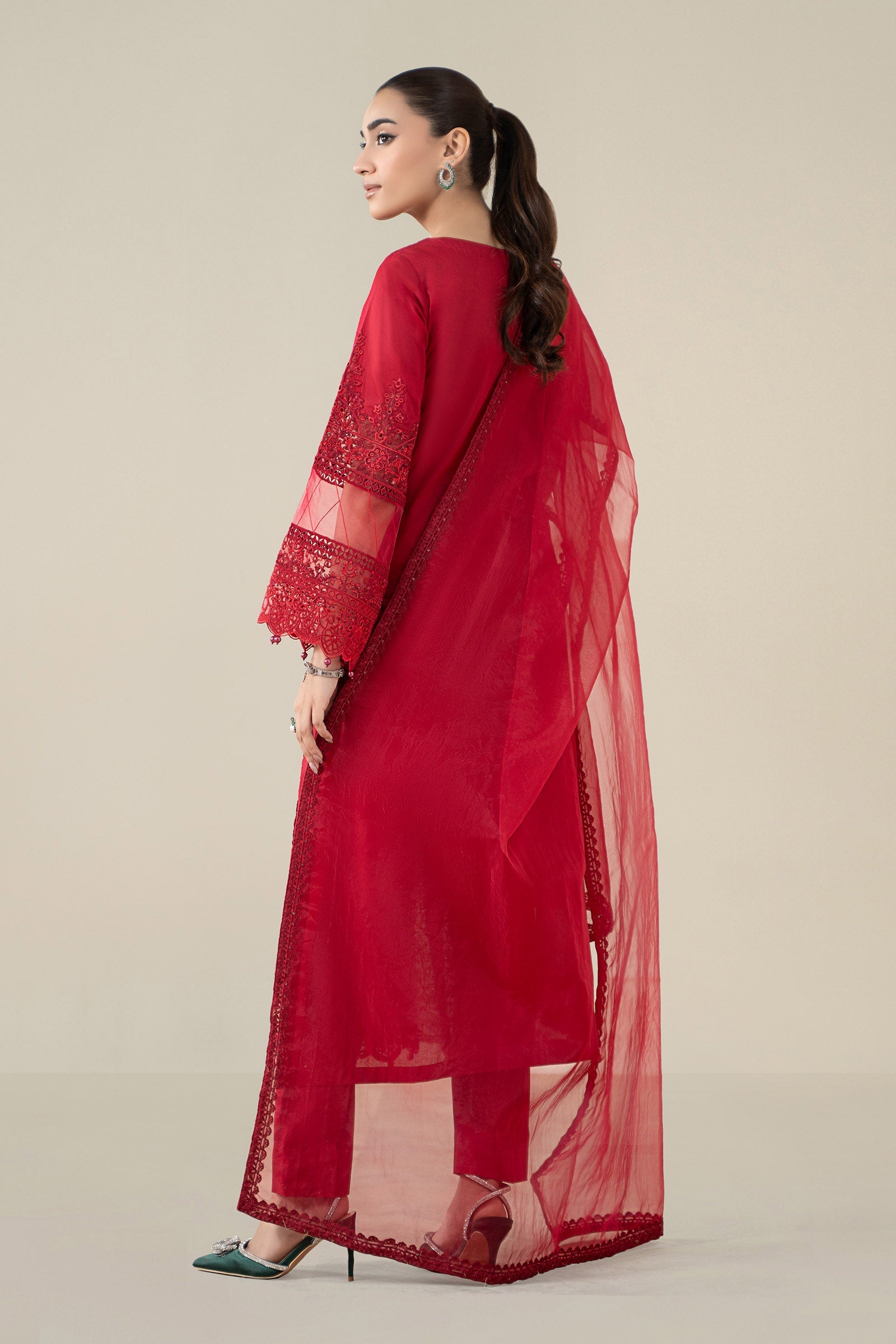 Red Schiffli Embroidered Lawn 3-Piece Suit - Image 7