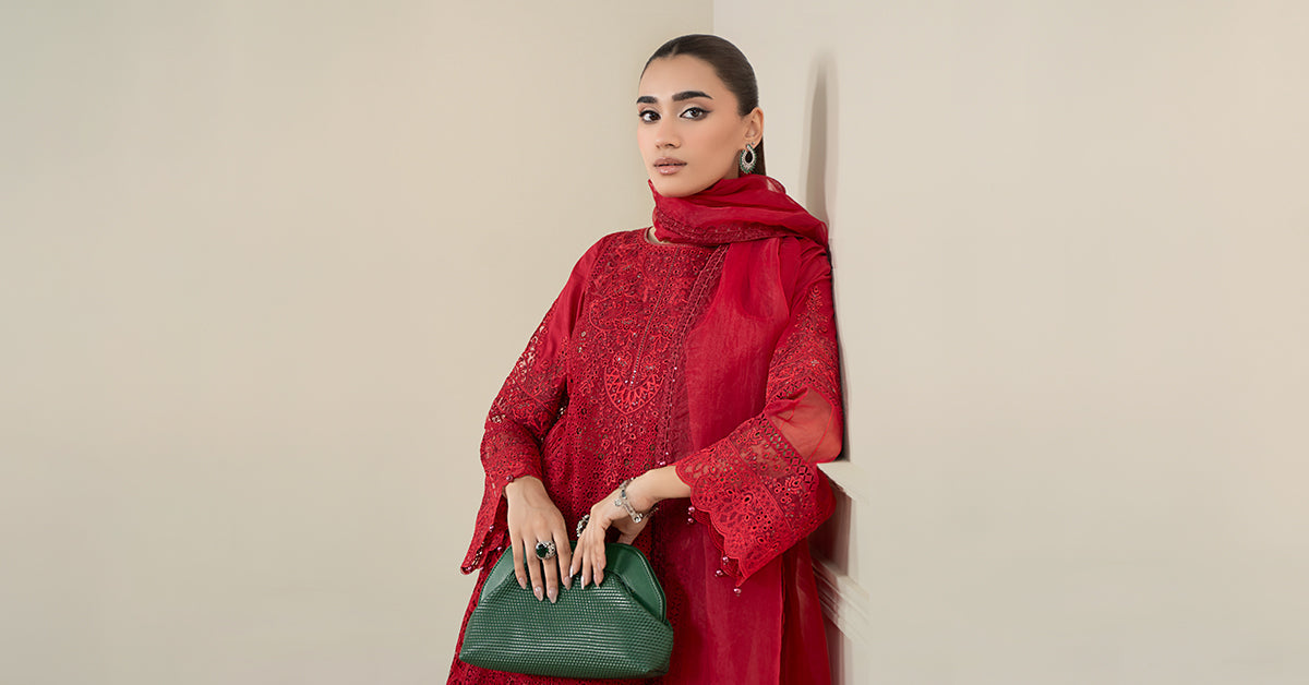 Red Schiffli Embroidered Lawn 3-Piece Suit - Image 8
