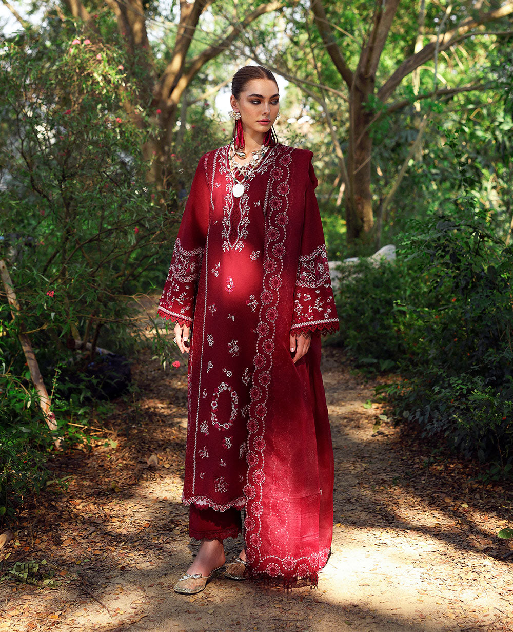Deep Red Schiffli Embroidered Lawn 3-Piece Suit - Image 1