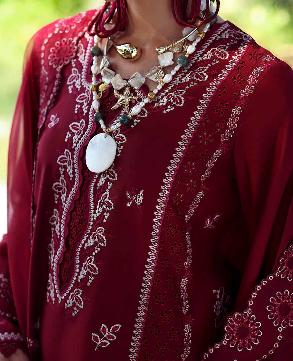Deep Red Schiffli Embroidered Lawn 3-Piece Suit - Image 4