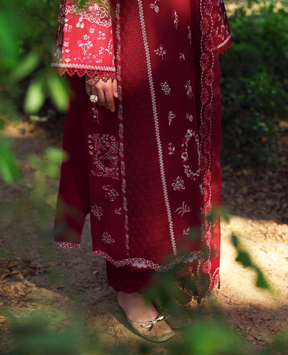 Deep Red Schiffli Embroidered Lawn 3-Piece Suit - Image 5