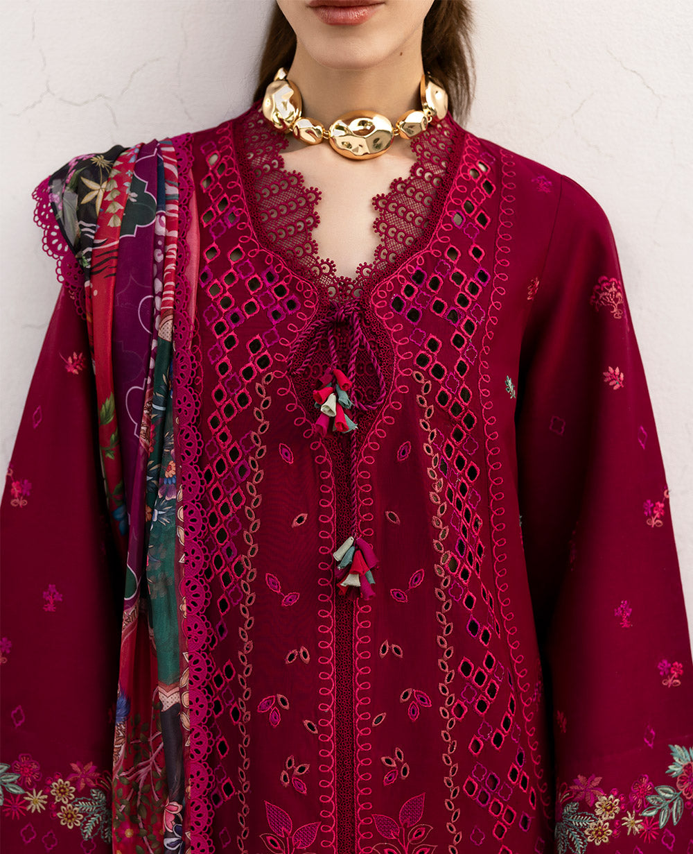 Deep Red Shikargah Embroidered Lawn 3-Piece Suit - Image 5