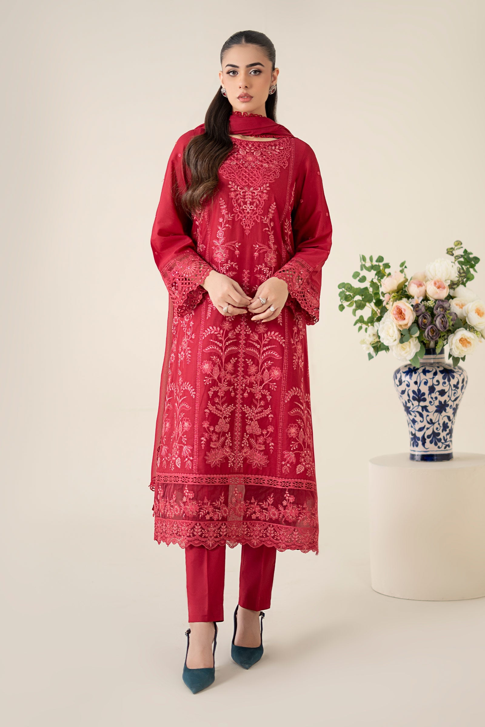Pakistani Red Embroidered Lawn Straight-Cut Suit (3-Piece) - Image 1