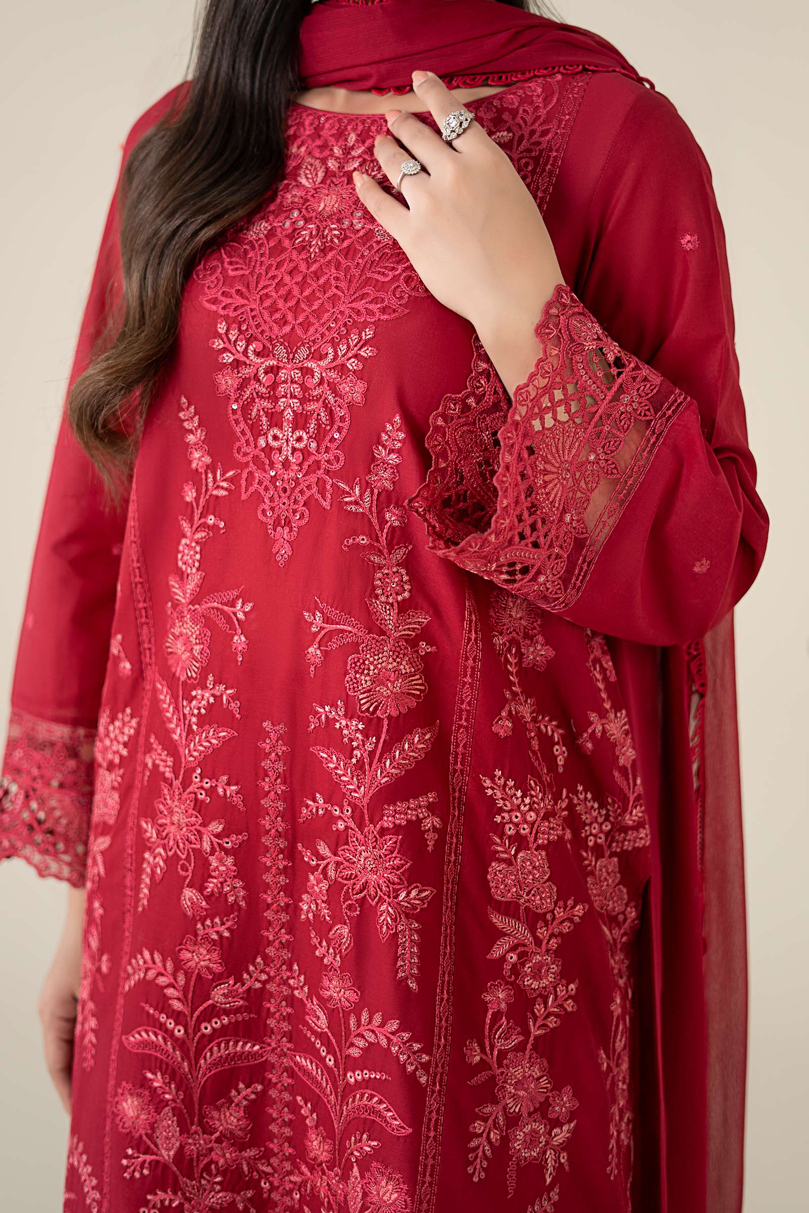 Pakistani Red Embroidered Lawn Straight-Cut Suit (3-Piece) - Image 2