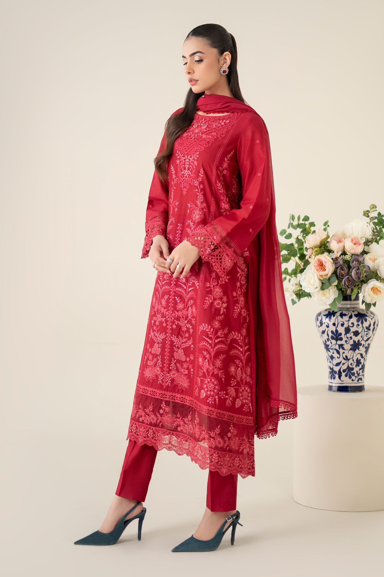 Pakistani Red Embroidered Lawn Straight-Cut Suit (3-Piece) - Image 3
