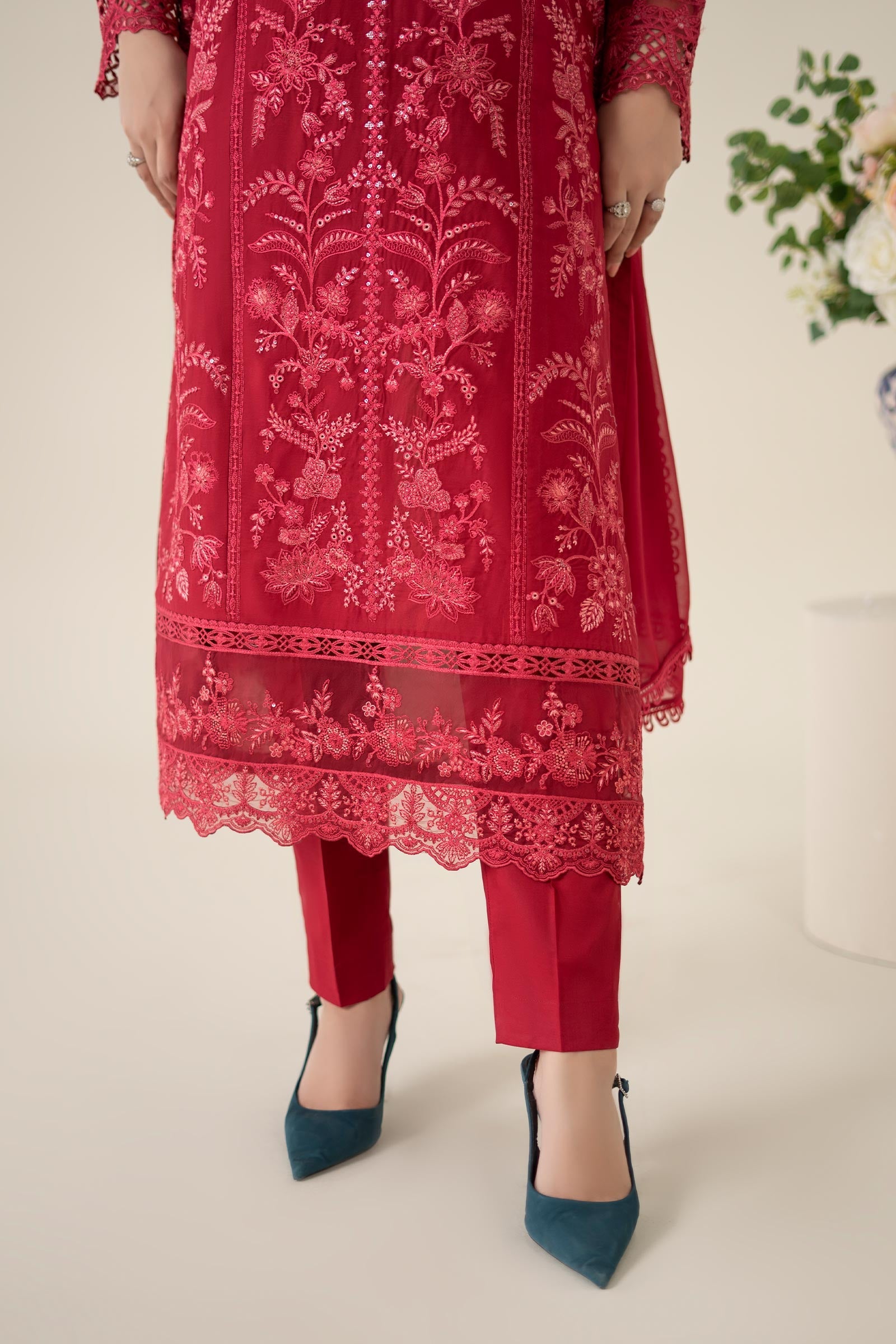 Pakistani Red Embroidered Lawn Straight-Cut Suit (3-Piece) - Image 4