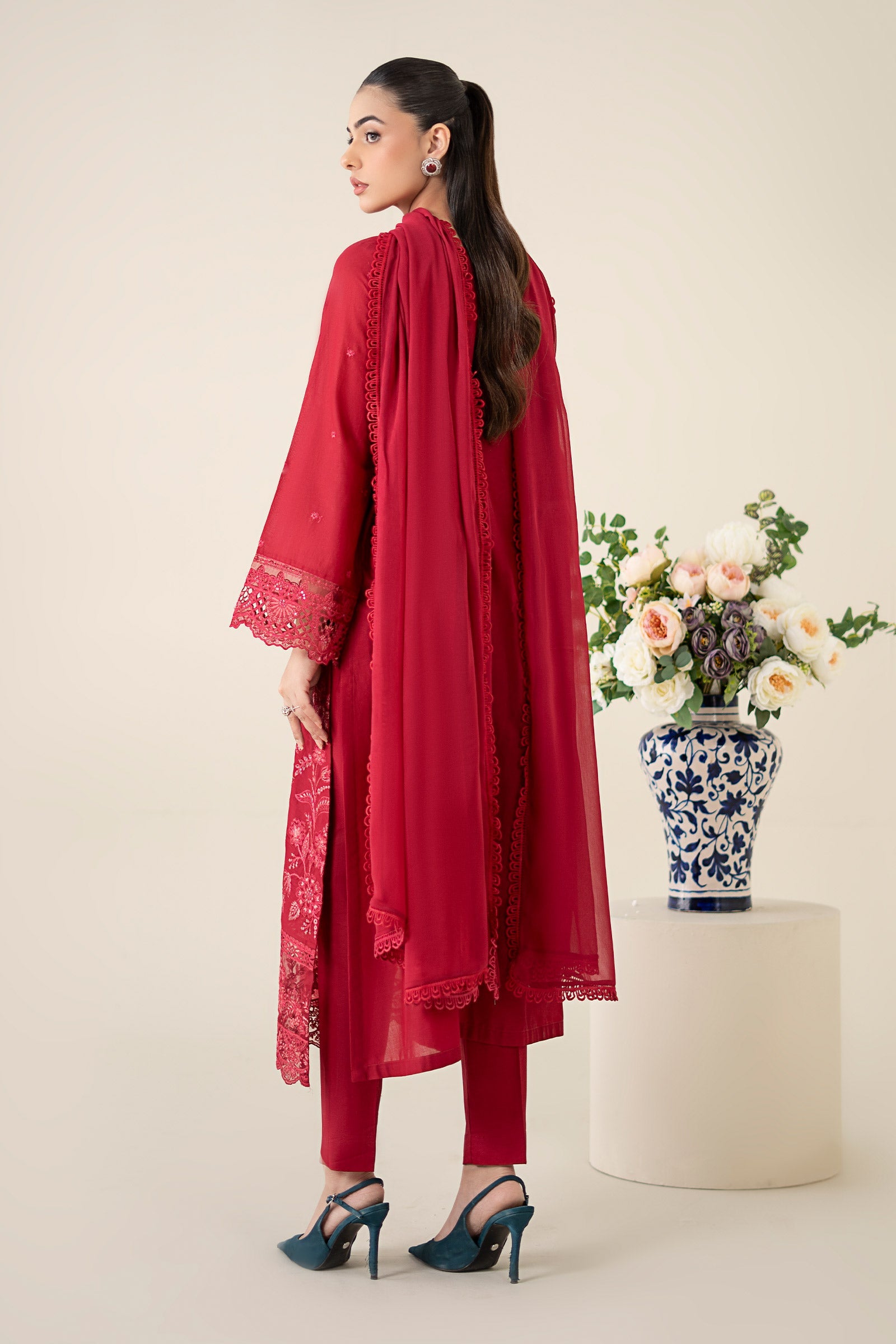 Pakistani Red Embroidered Lawn Straight-Cut Suit (3-Piece) - Image 5