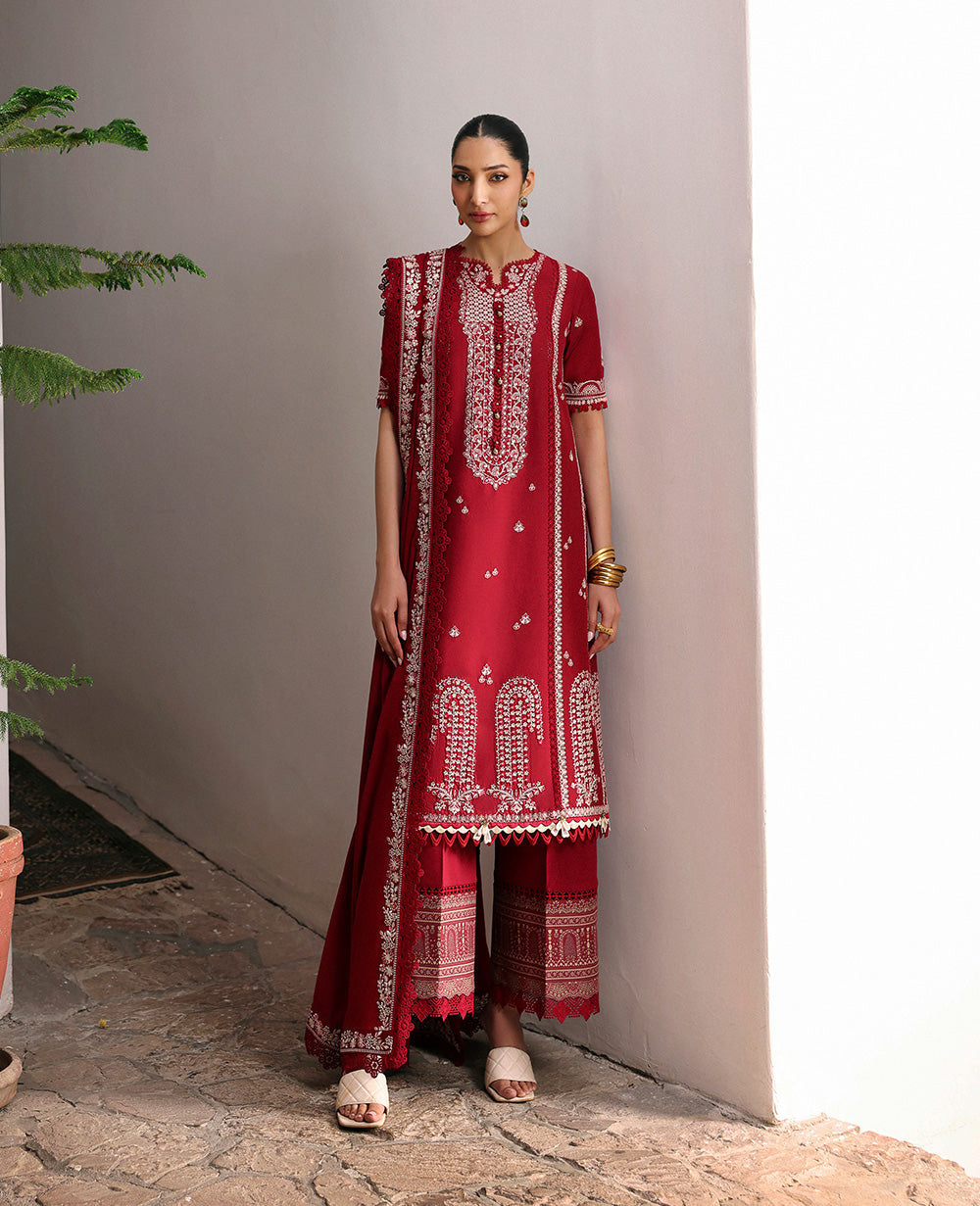 Pakistani Red Embroidered Lawn Salwar Kameez (3-Piece) - Image 1