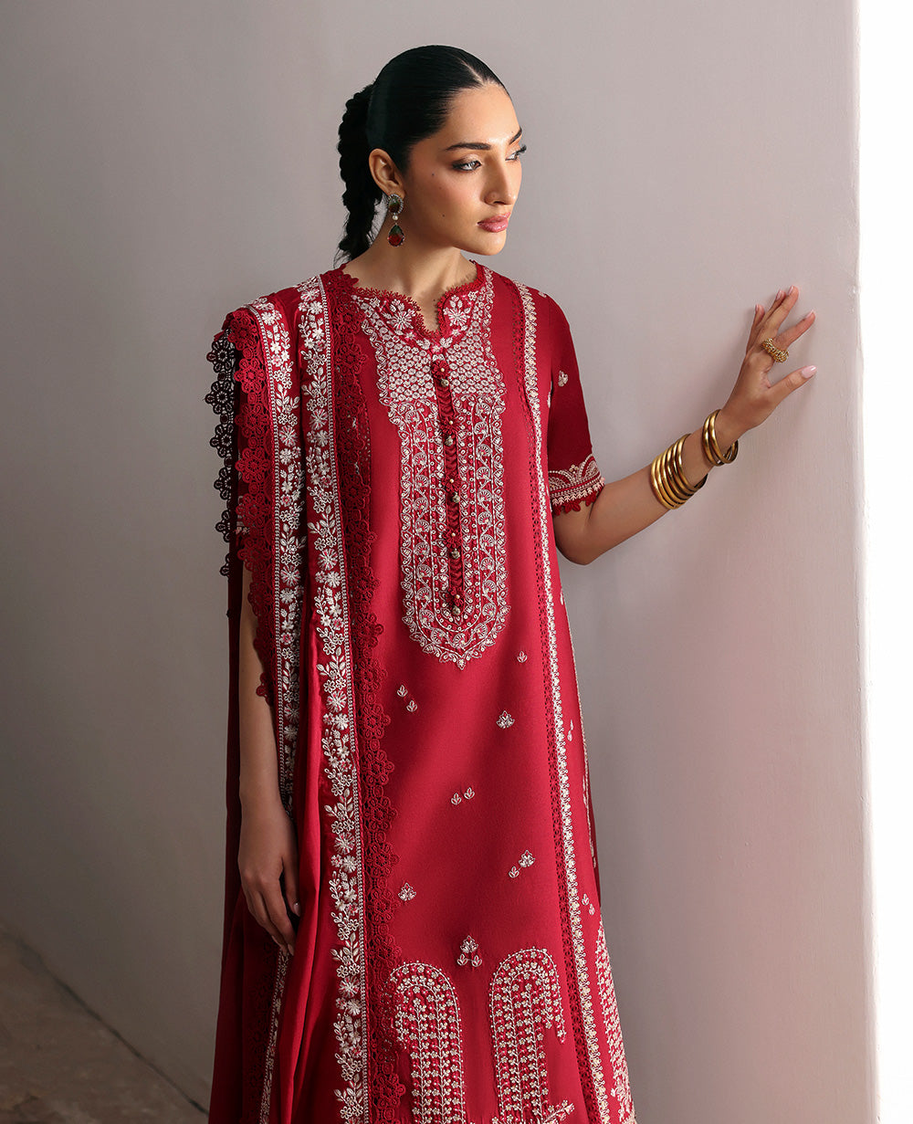 Pakistani Red Embroidered Lawn Salwar Kameez (3-Piece) - Image 3