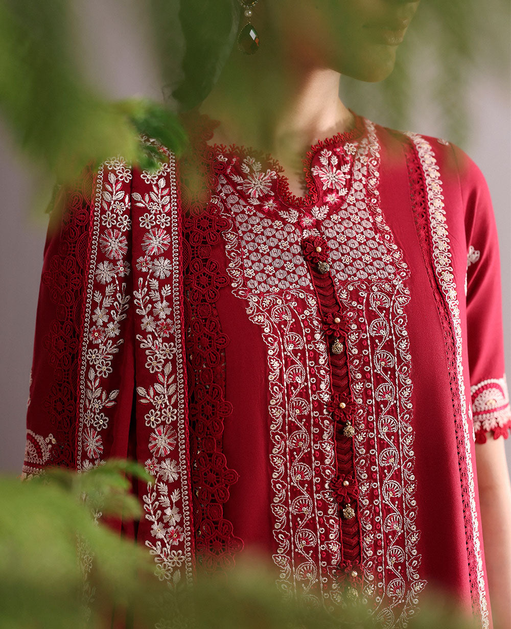 Pakistani Red Embroidered Lawn Salwar Kameez (3-Piece) - Image 5