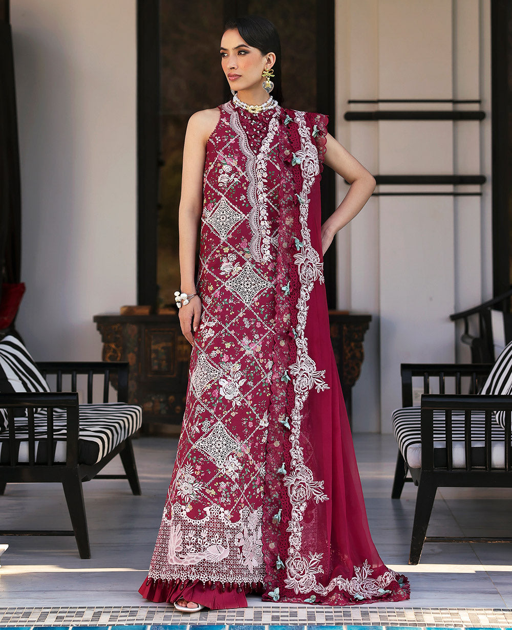 Deep Red Embroidered Lawn & Chiffon Salwar Kameez (3-Piece) - Image 2