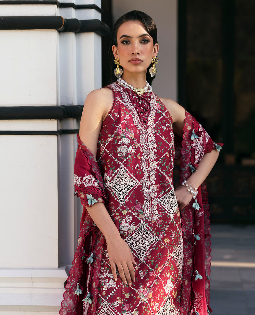 Deep Red Embroidered Lawn & Chiffon Salwar Kameez (3-Piece) - Image 3