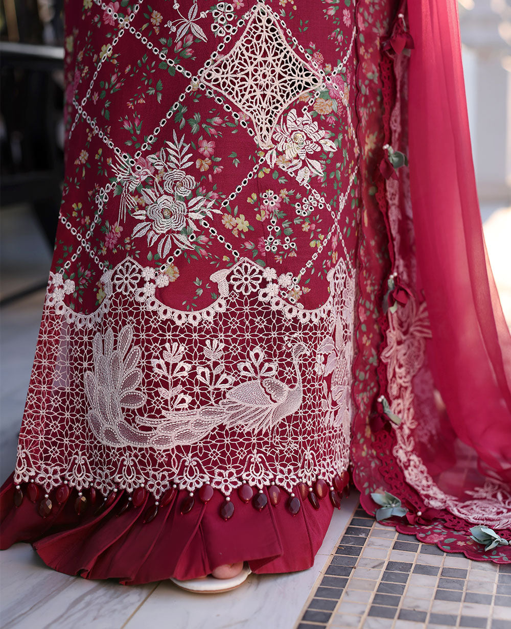 Deep Red Embroidered Lawn & Chiffon Salwar Kameez (3-Piece) - Image 5