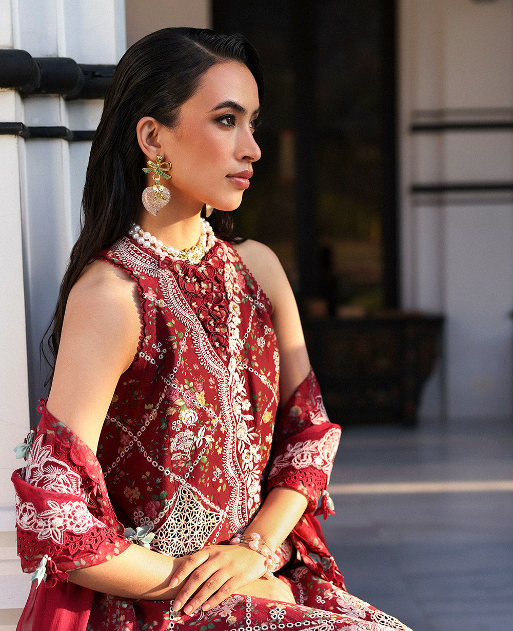 Deep Red Embroidered Lawn & Chiffon Salwar Kameez (3-Piece) - Image 6