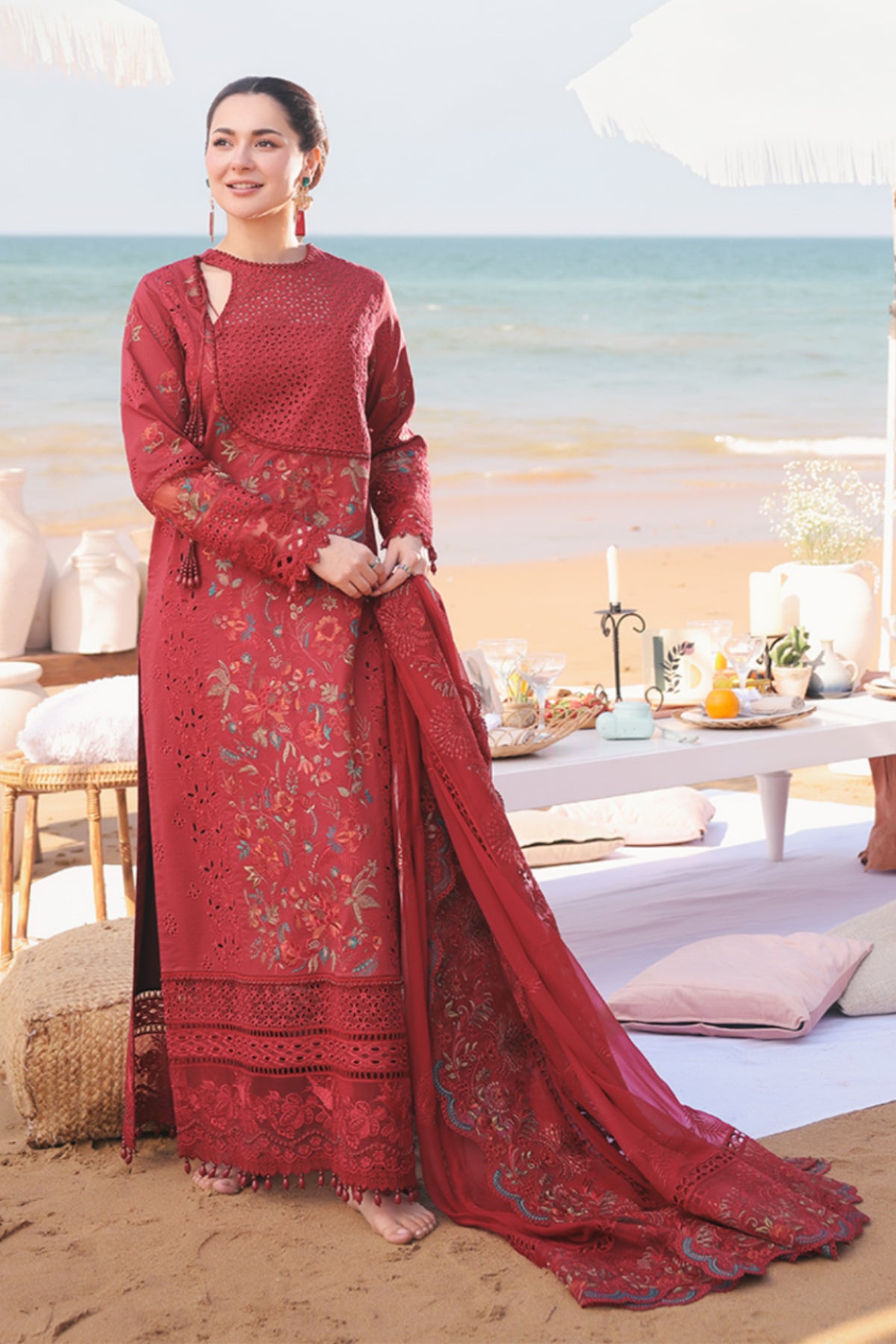 Chilli Red Embroidered Lawn & Chiffon 3-Piece Suit - Image 1