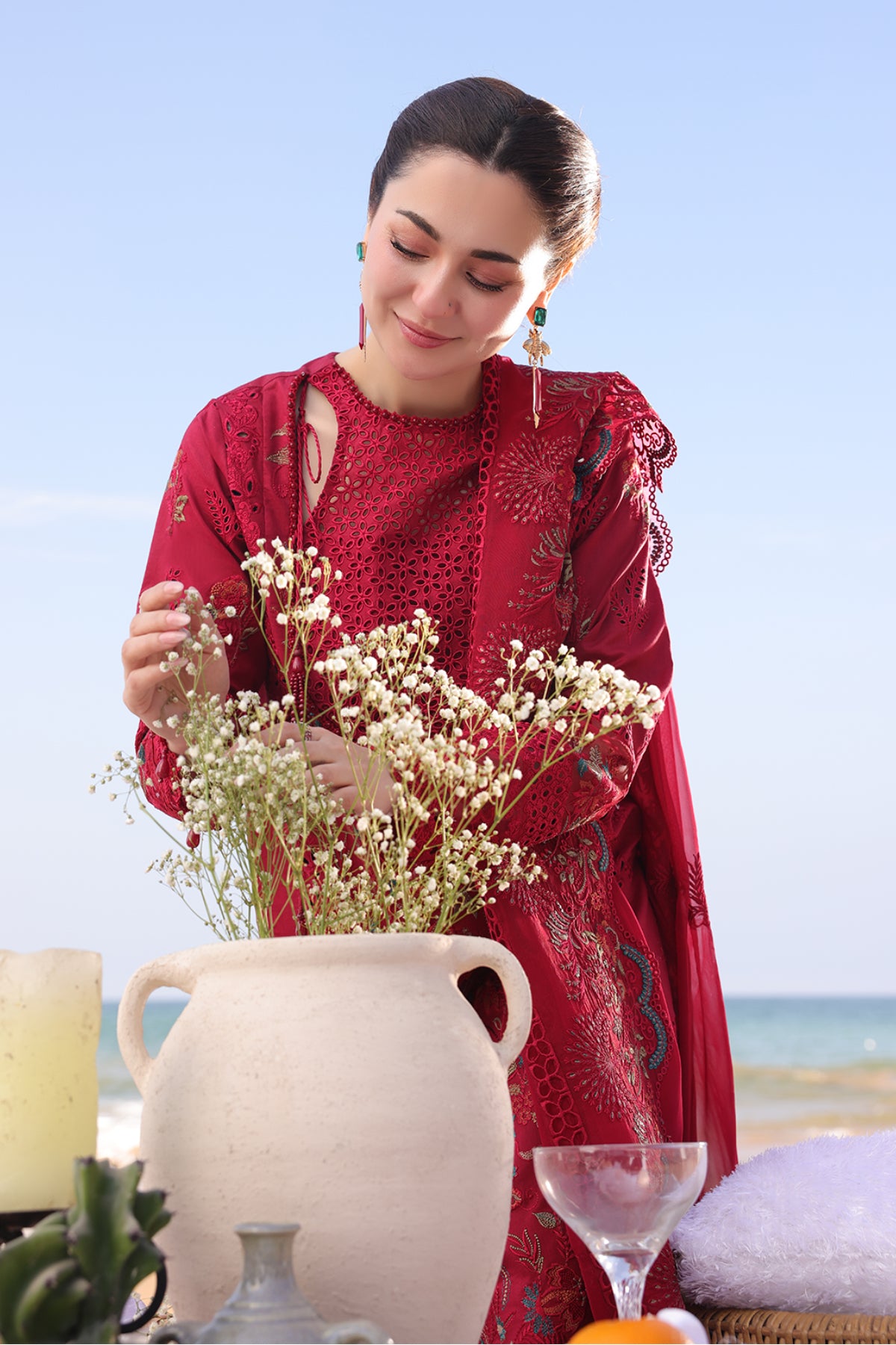 Chilli Red Embroidered Lawn & Chiffon 3-Piece Suit - Image 2
