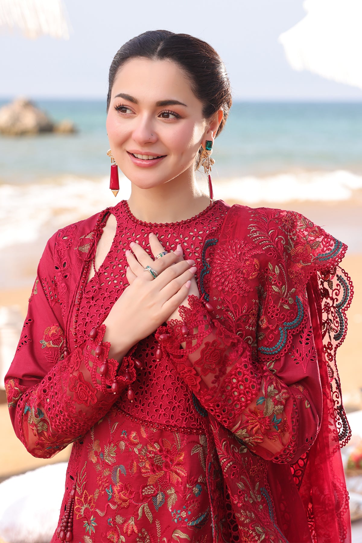 Chilli Red Embroidered Lawn & Chiffon 3-Piece Suit - Image 3