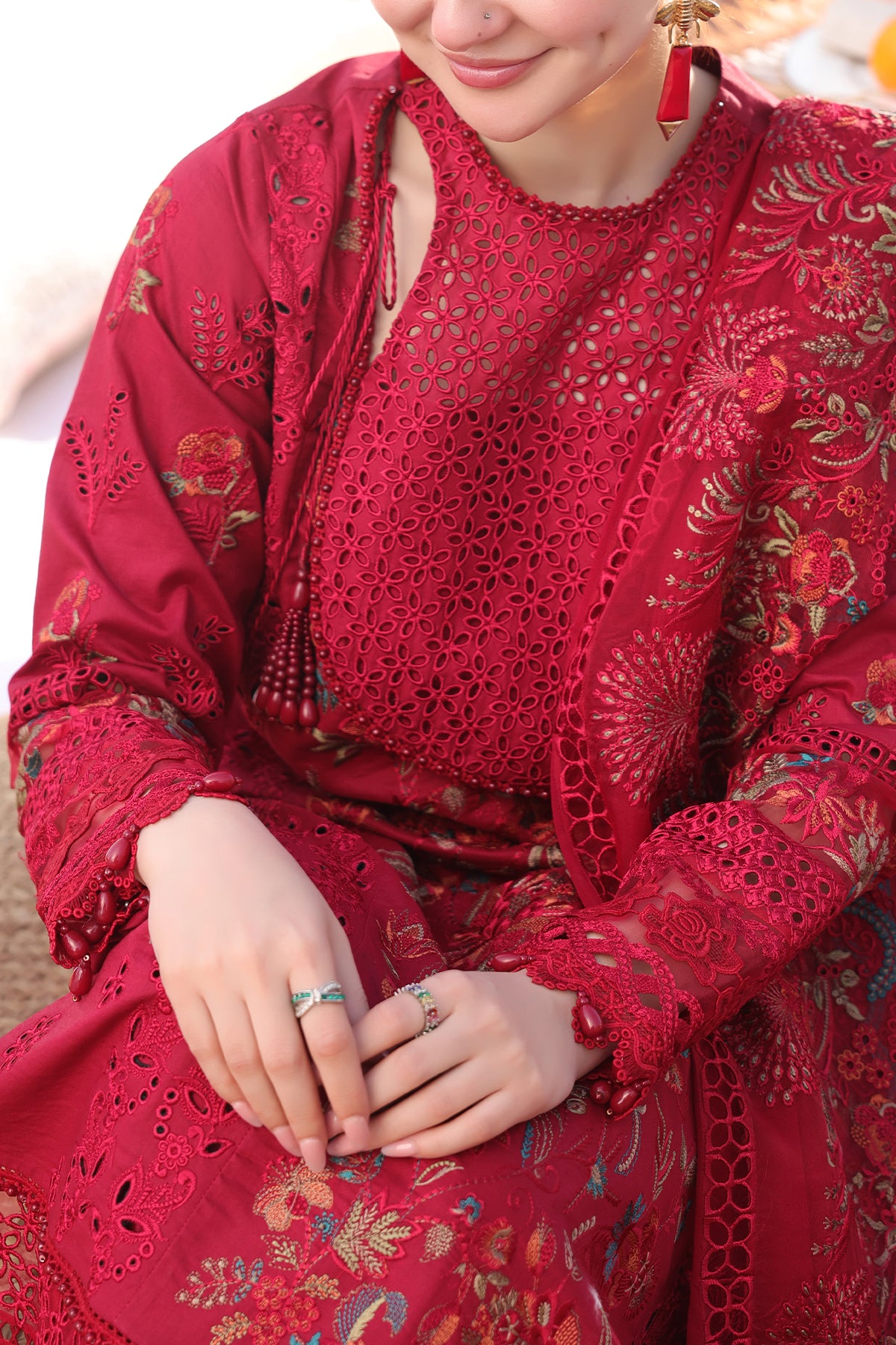 Chilli Red Embroidered Lawn & Chiffon 3-Piece Suit - Image 4