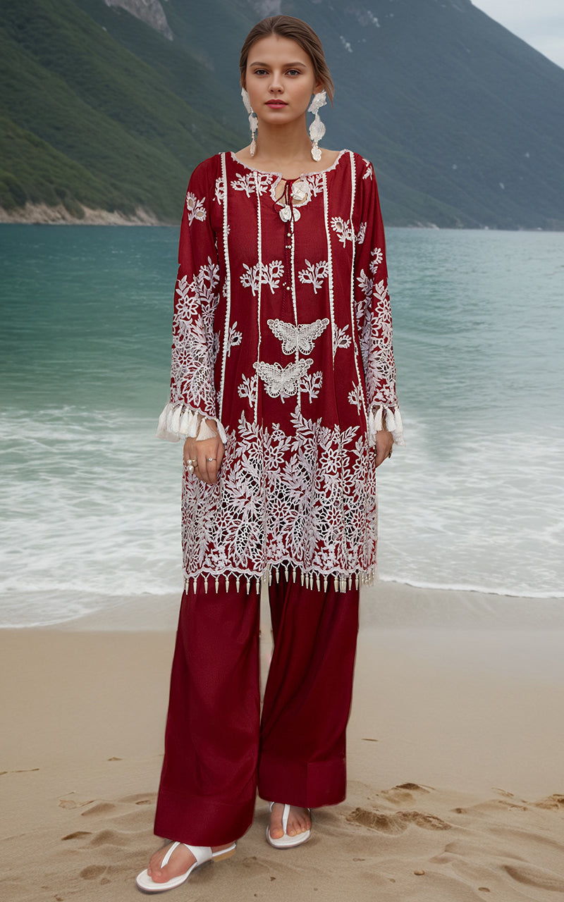 Deep Red Embroidered Lawn Salwar Kameez (2-Piece) - Image 1