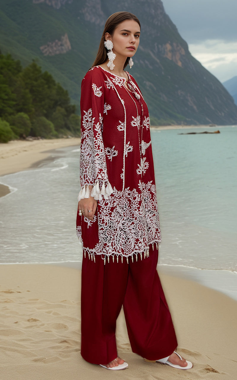 Deep Red Embroidered Lawn Salwar Kameez (2-Piece) - Image 2