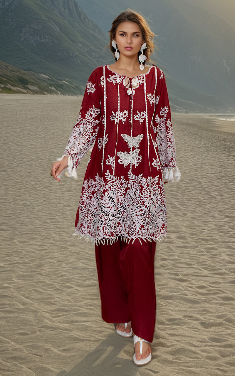Deep Red Embroidered Lawn Salwar Kameez (2-Piece) - Image 3