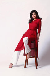 Red Solid Woven Midi Tunic (2-Piece) - Image 3