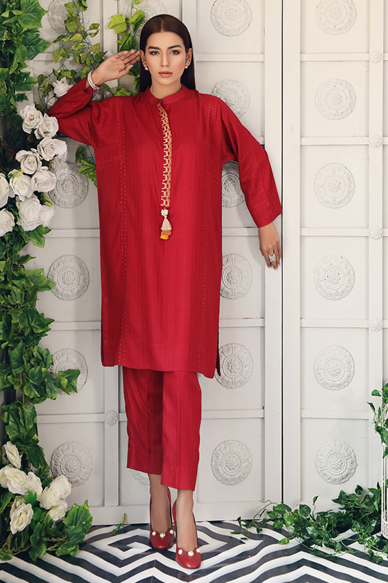 Pakistani Red Embroidered Linen Kurta (2-Piece) - Image 1