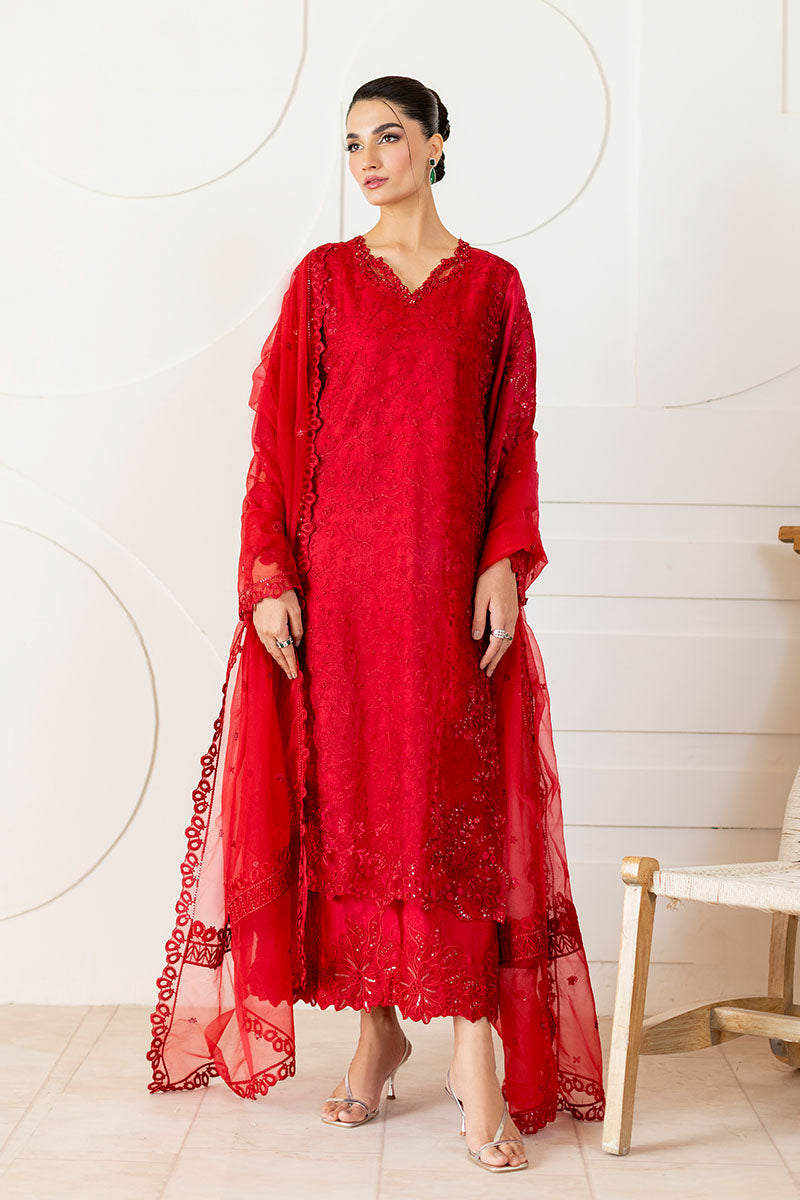 Pakistani Red Embroidered Mix Organza Salwar Kameez (3-Piece) - Image 1