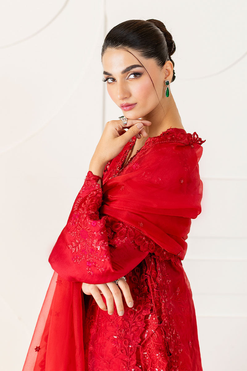 Pakistani Red Embroidered Mix Organza Salwar Kameez (3-Piece) - Image 5