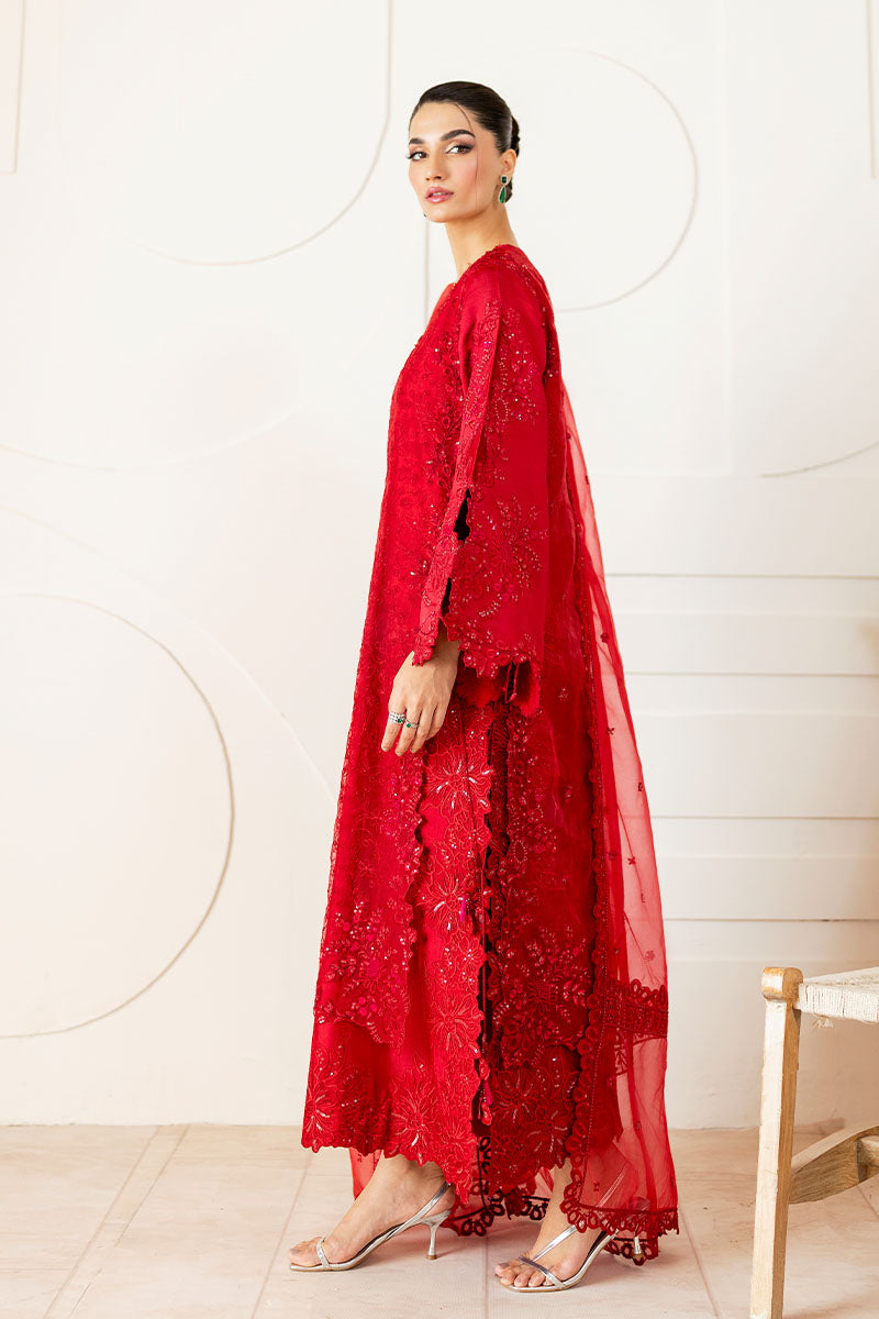 Pakistani Red Embroidered Mix Organza Salwar Kameez (3-Piece) - Image 6