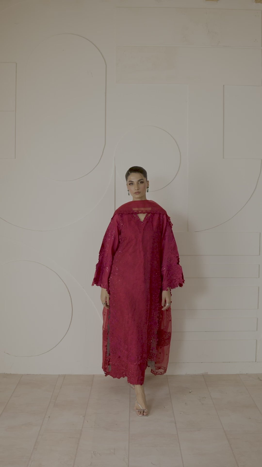 Pakistani Red Embroidered Mix Organza Salwar Kameez (3-Piece) - Image 8