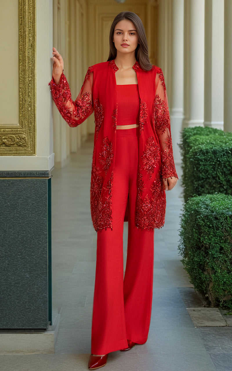 Pakistani Red Embroidered Net Jacket 3-Piece Set - Image 1