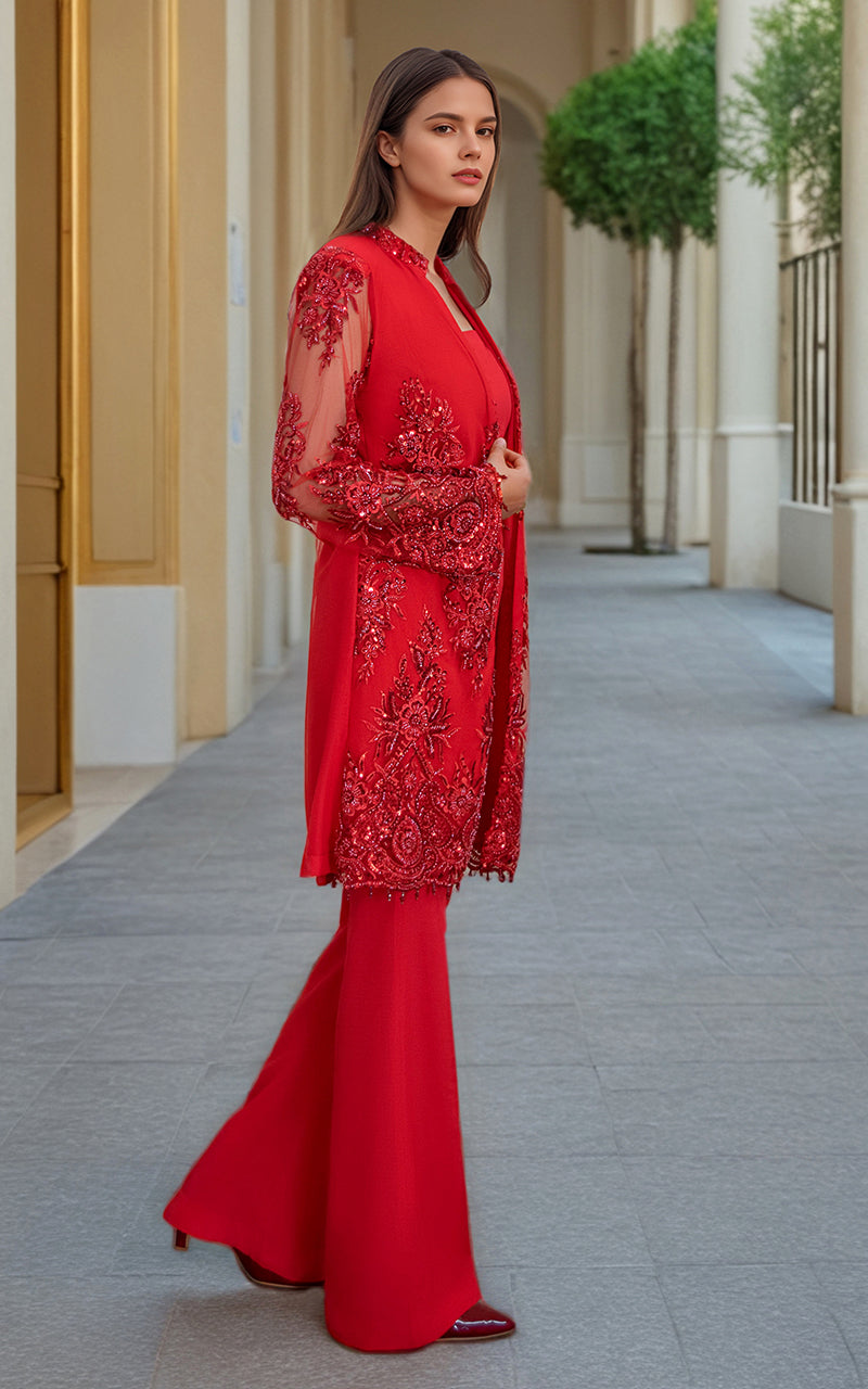 Pakistani Red Embroidered Net Jacket 3-Piece Set - Image 2