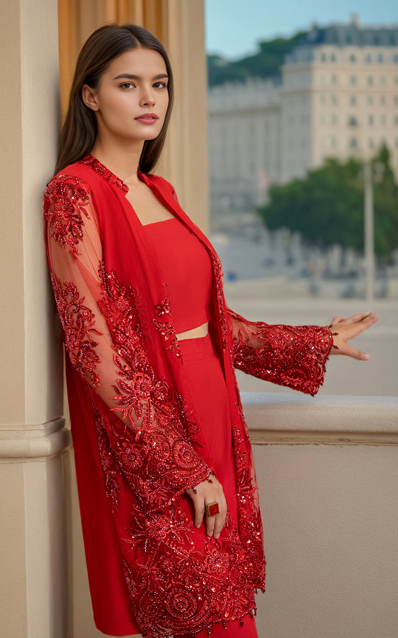 Pakistani Red Embroidered Net Jacket 3-Piece Set - Image 3