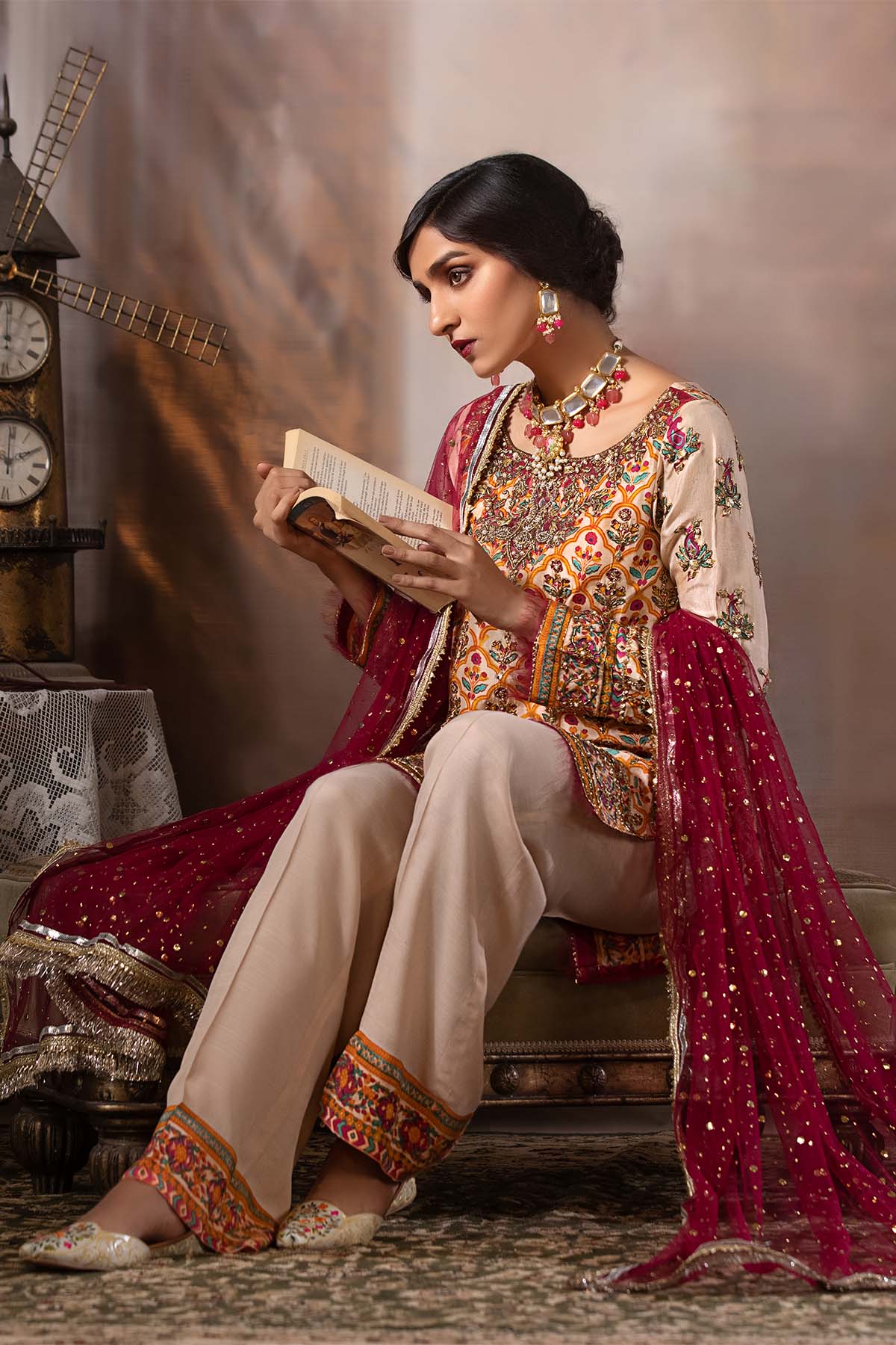 Pakistani Deep Red Embroidered Net Salwar Kameez (3-Piece) - Image 1