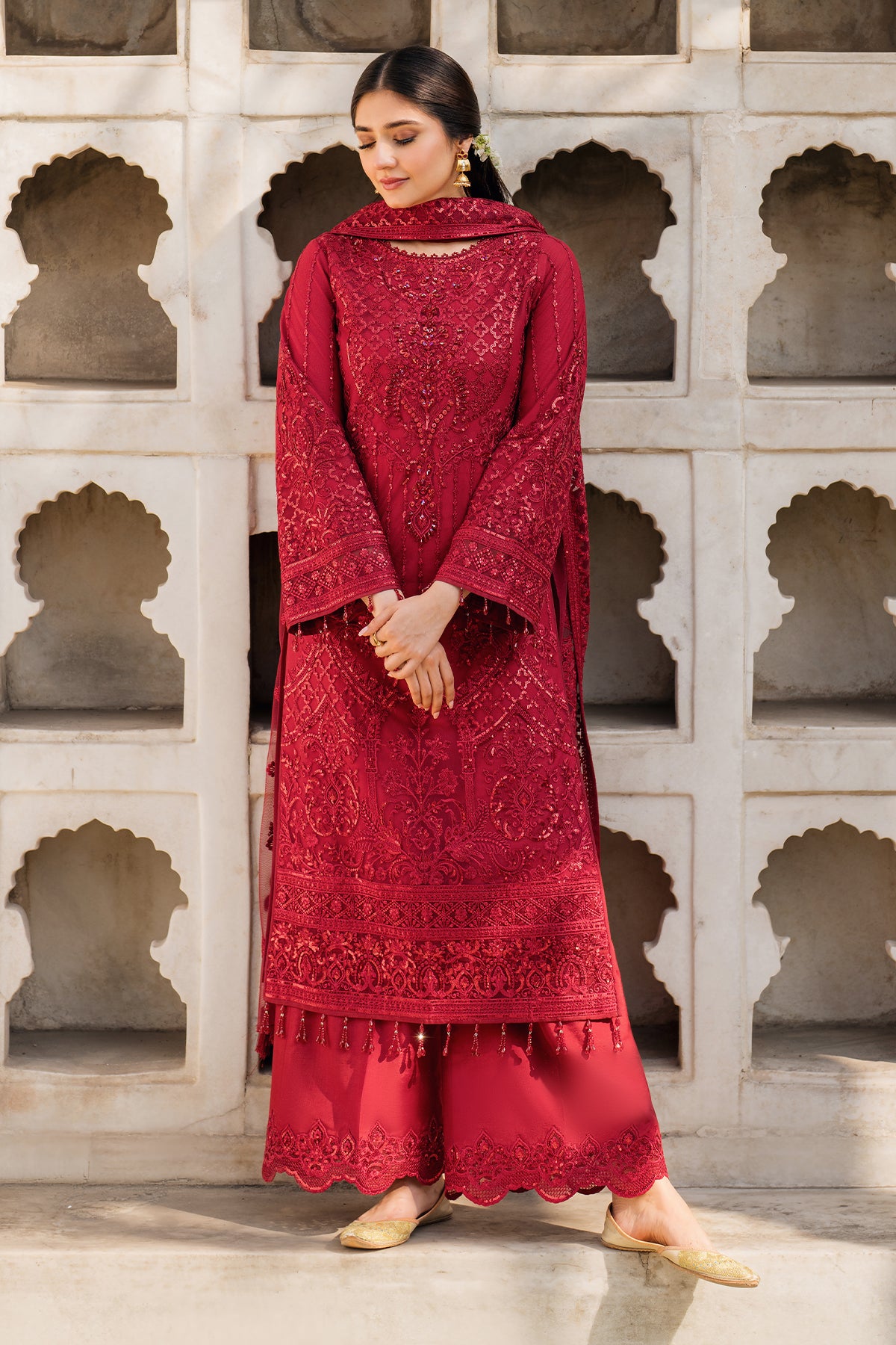 Pakistani Ruby Red Embroidered Net & Silk Salwar Kameez (3-Piece) - Image 1
