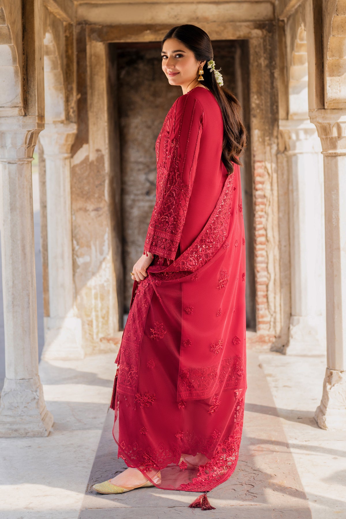 Pakistani Ruby Red Embroidered Net & Silk Salwar Kameez (3-Piece) - Image 2