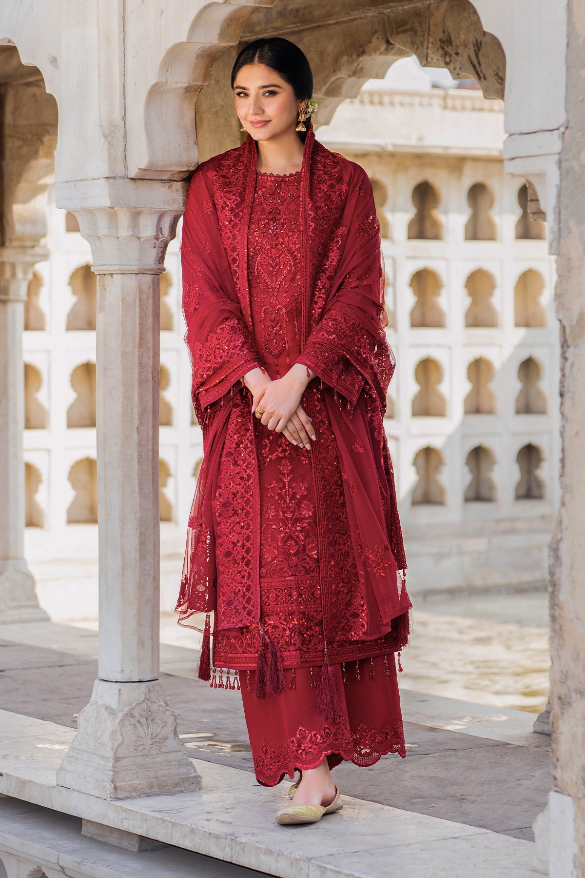 Pakistani Ruby Red Embroidered Net & Silk Salwar Kameez (3-Piece) - Image 4