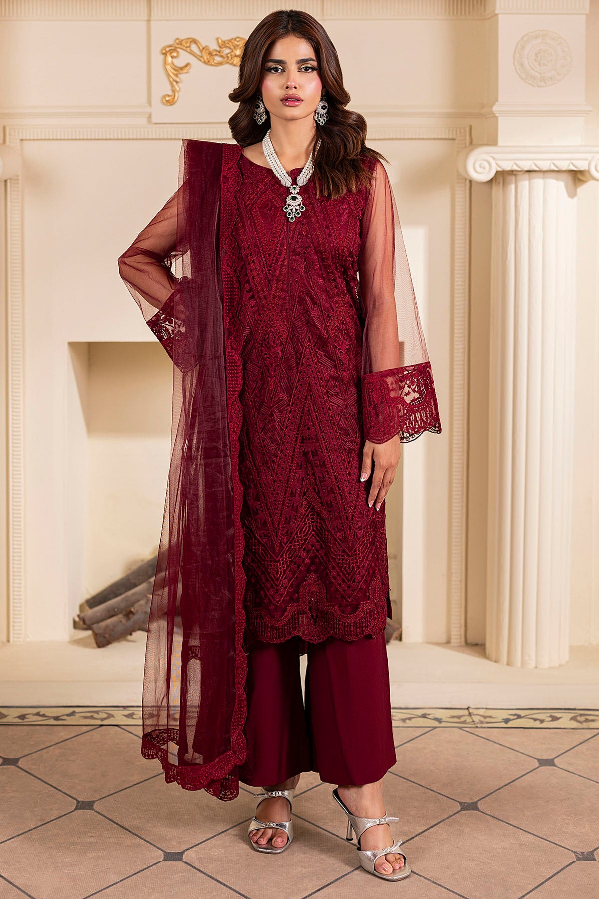 Ruby Red Embroidered Net Salwar Kameez (3-Piece) - Image 1