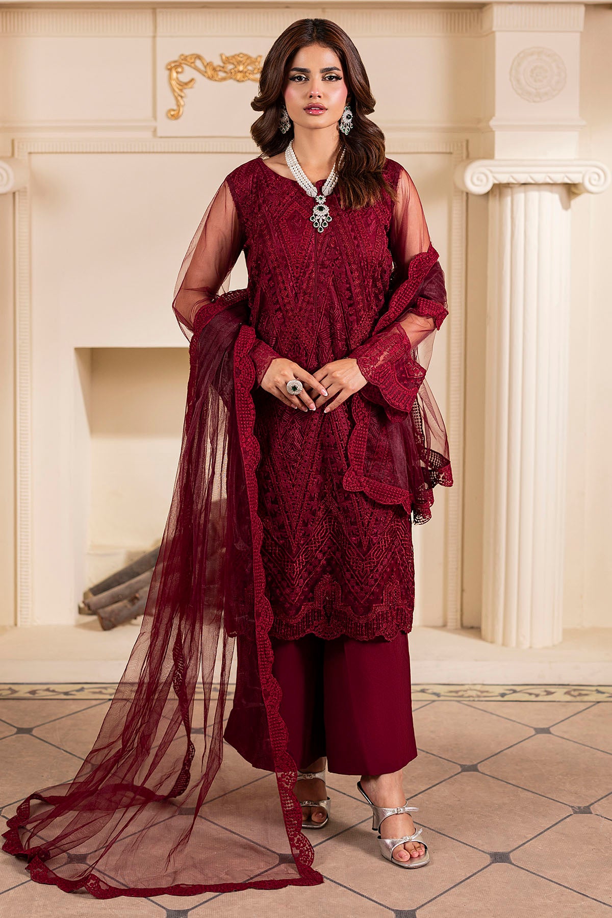 Ruby Red Embroidered Net Salwar Kameez (3-Piece) - Image 2