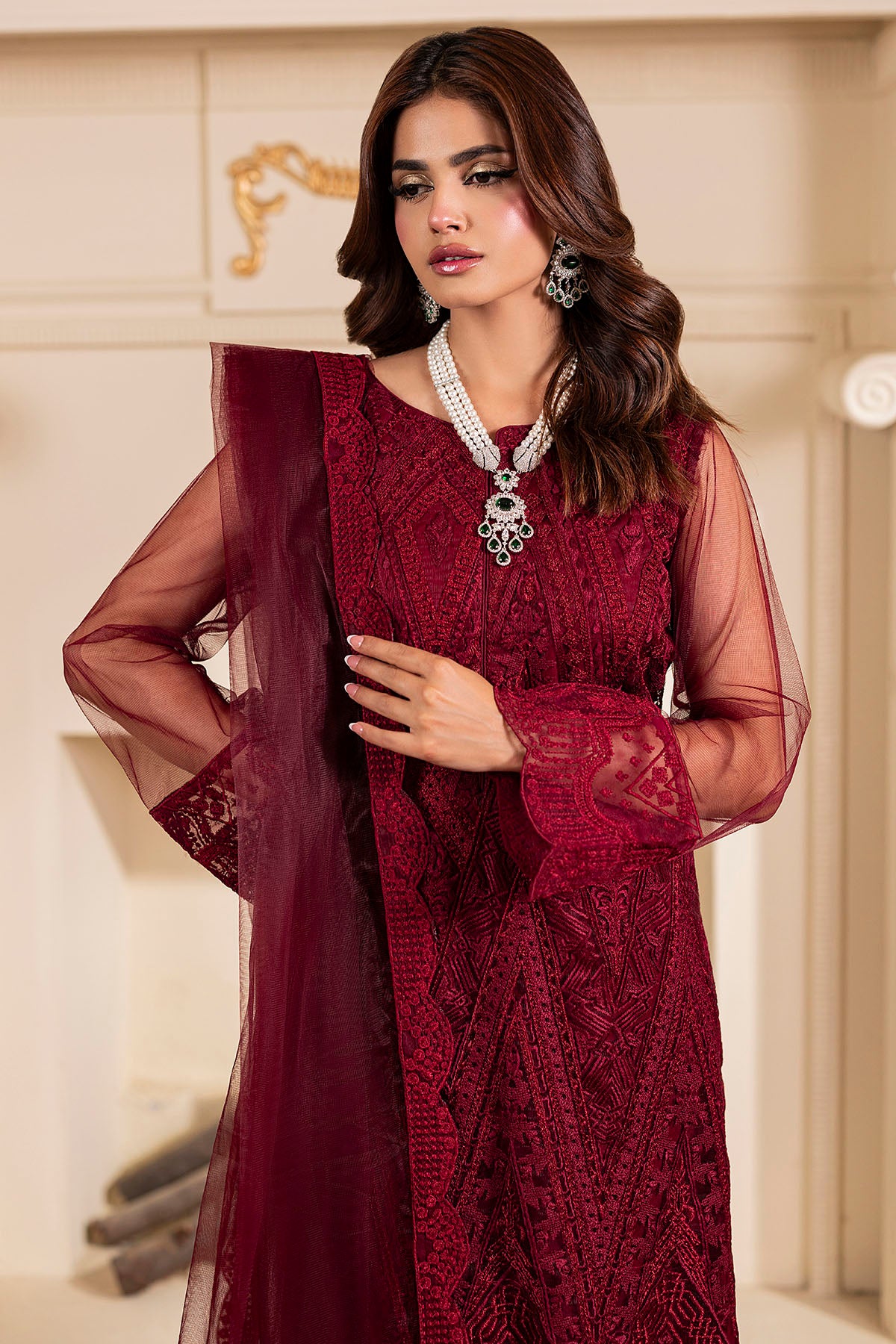 Ruby Red Embroidered Net Salwar Kameez (3-Piece) - Image 3