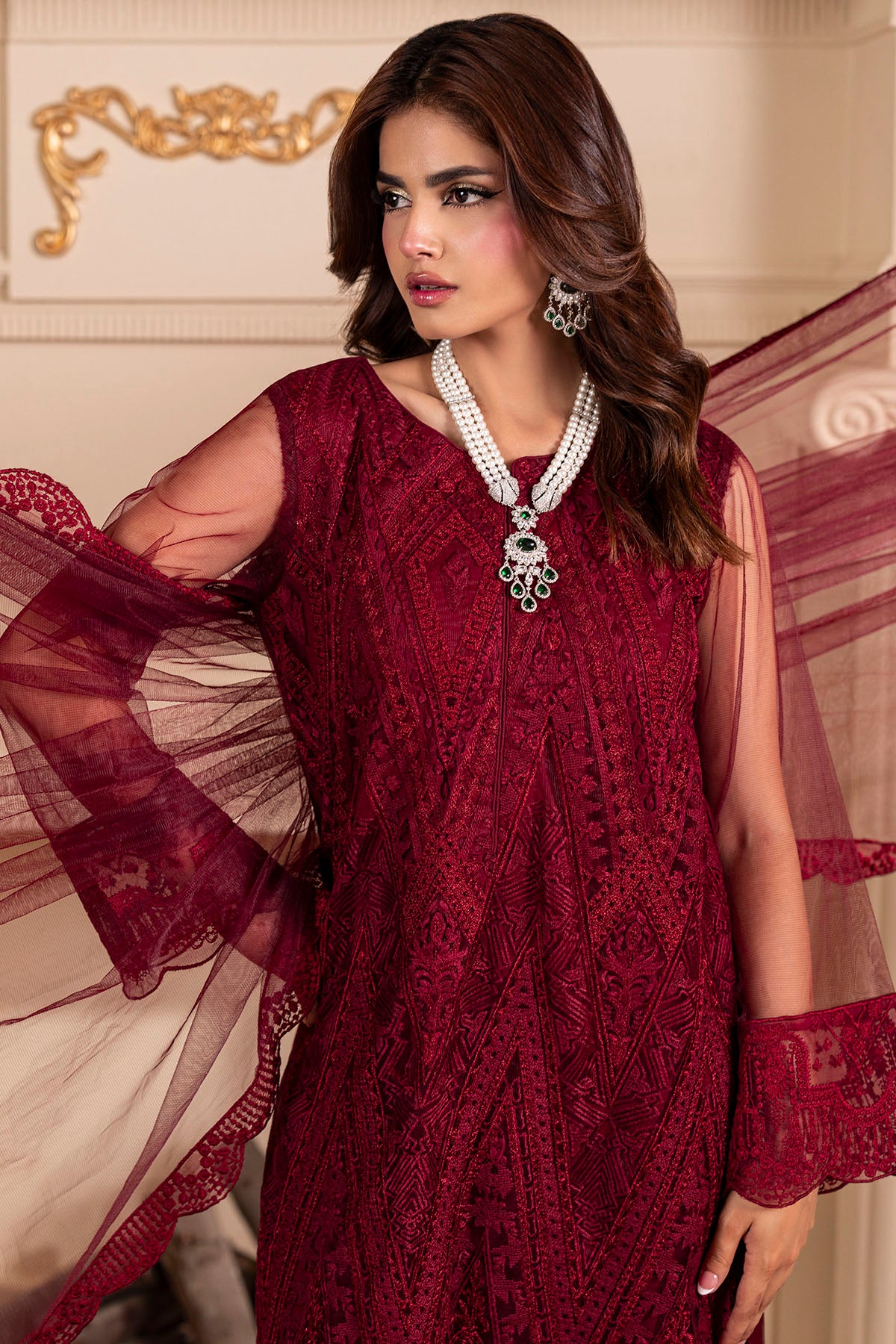 Ruby Red Embroidered Net Salwar Kameez (3-Piece) - Image 4
