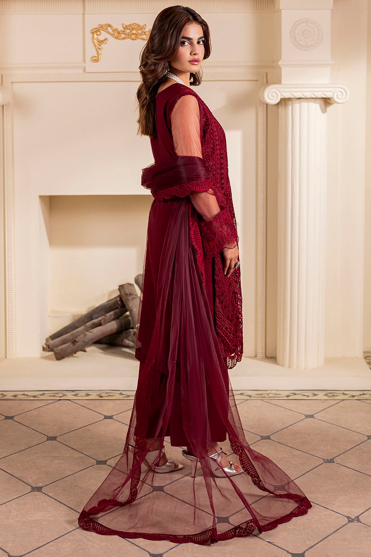 Ruby Red Embroidered Net Salwar Kameez (3-Piece) - Image 5