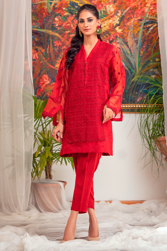 Red Embroidered Organza Kurti with Cotton Silk Pants (2-Piece) - Image 2