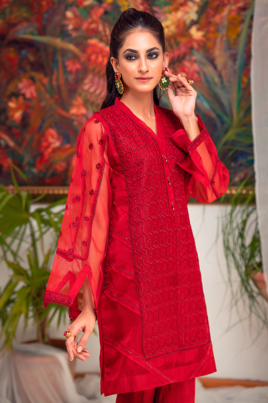 Red Embroidered Organza Kurti with Cotton Silk Pants (2-Piece) - Image 3