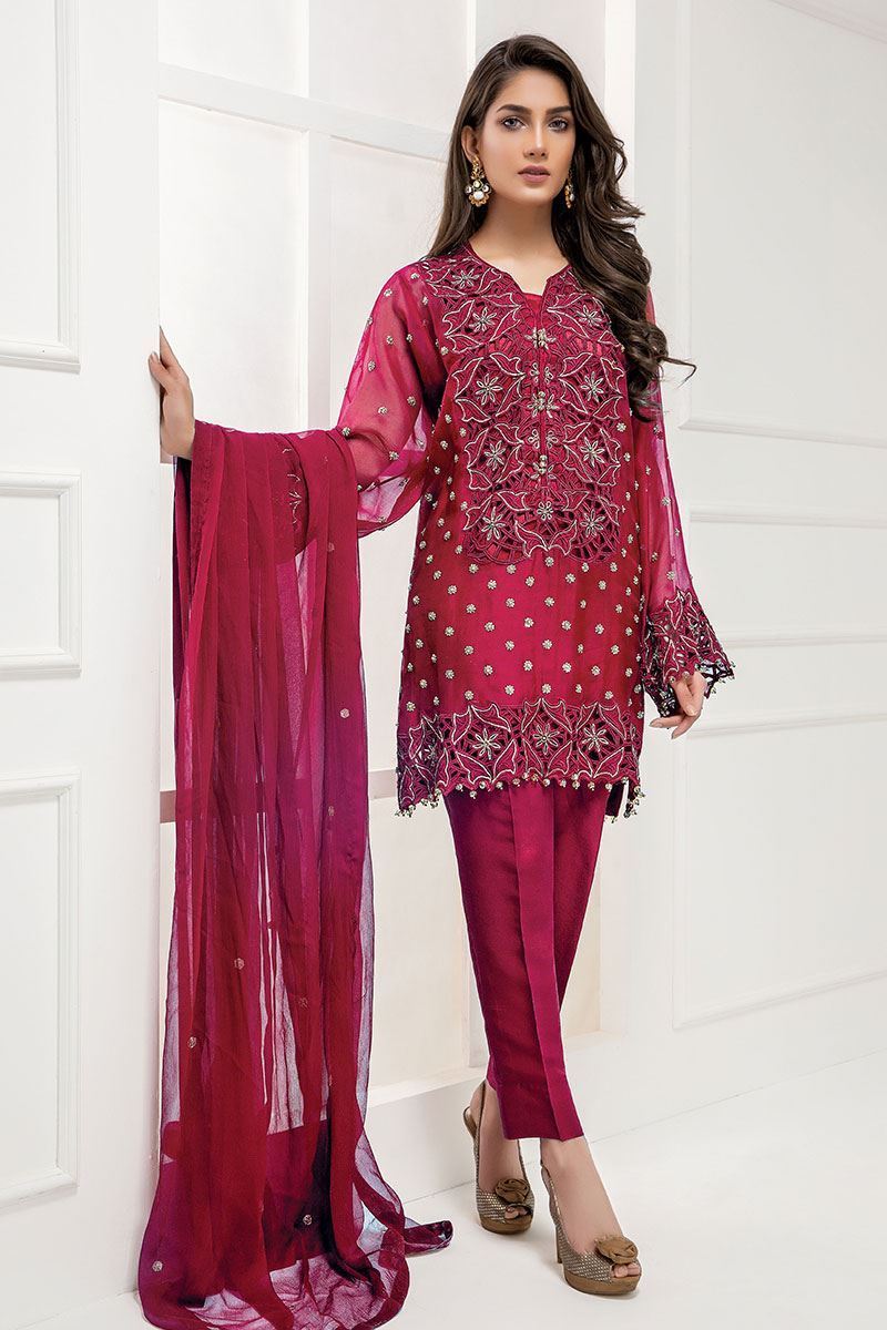 Chilli Red Hand-Embellished Organza Salwar Kameez (3-Piece) - Image 1